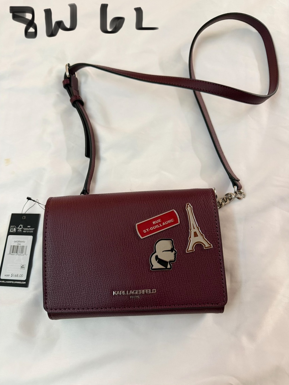 Karl Lagerfeld Burgundy Crossbody with Paris Pin Accents